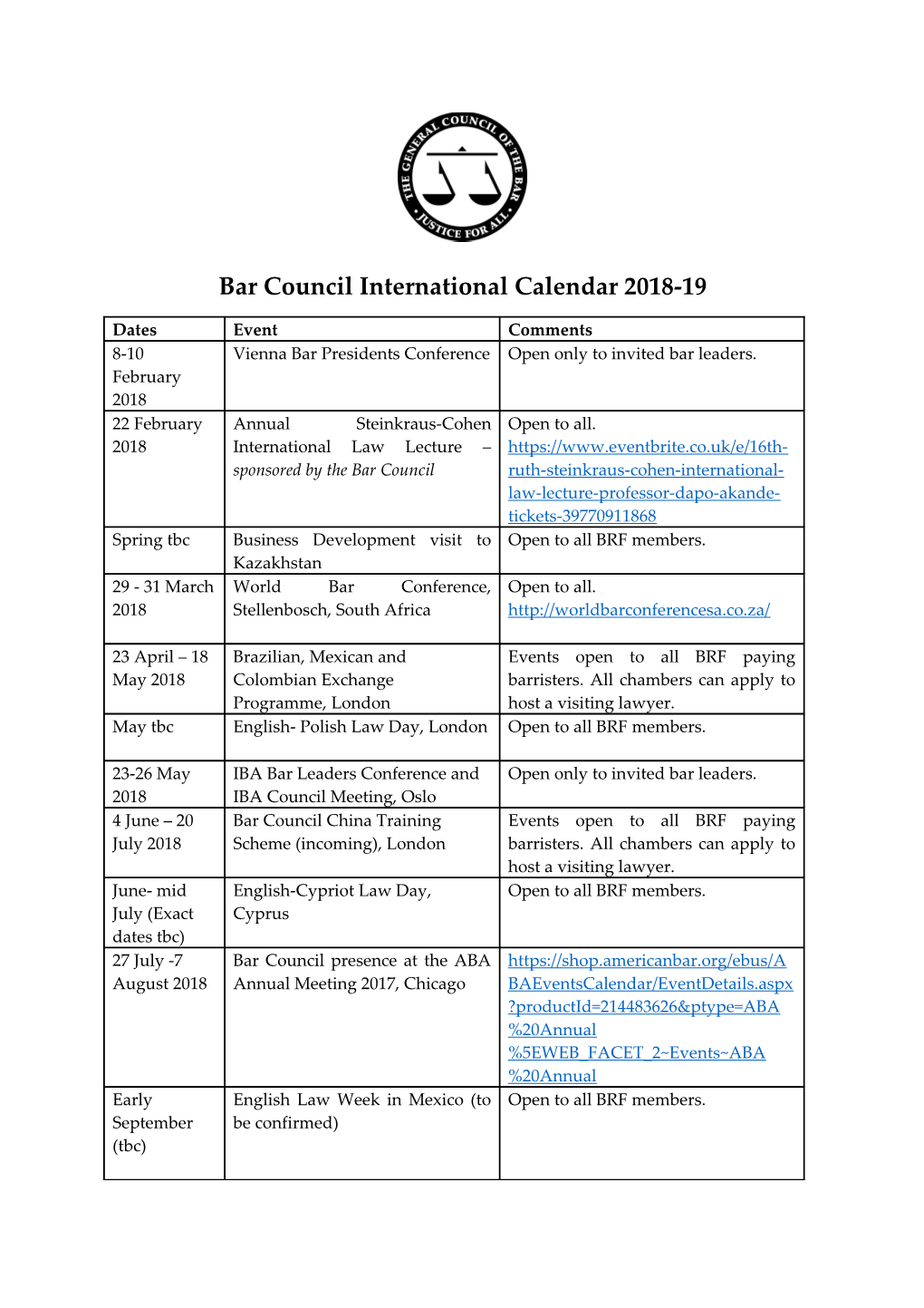 Bar Council International Calendar 2018-19