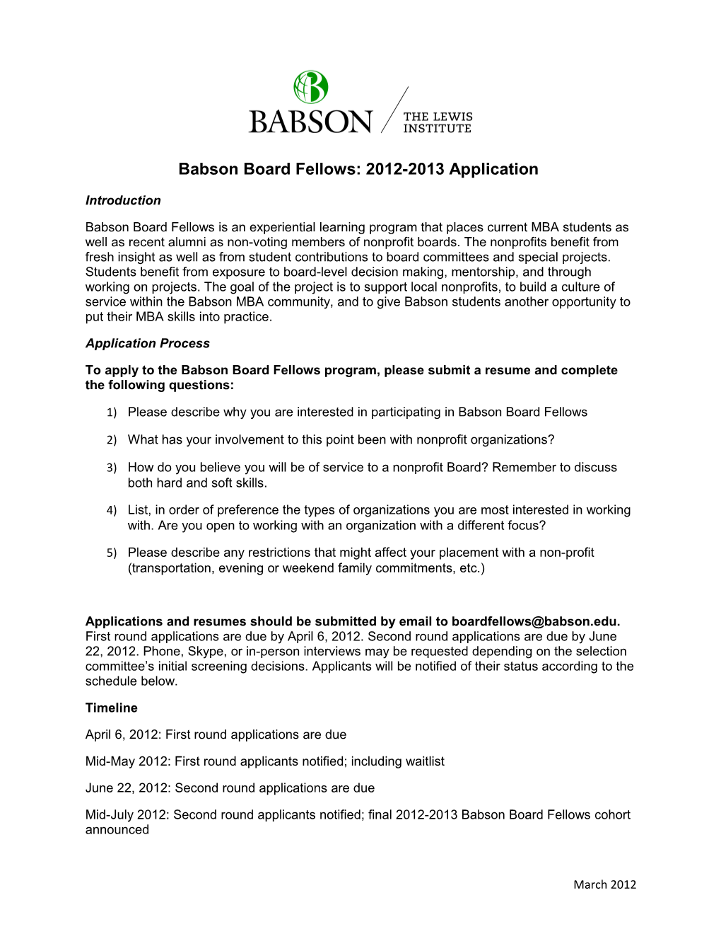 Babson Board Fellows Application