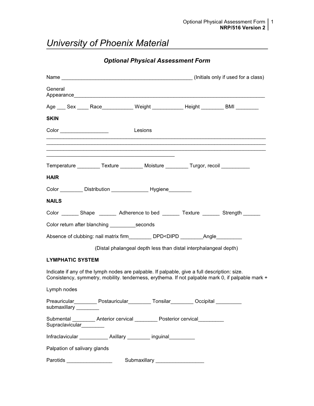 Optional Physical Assessment Form