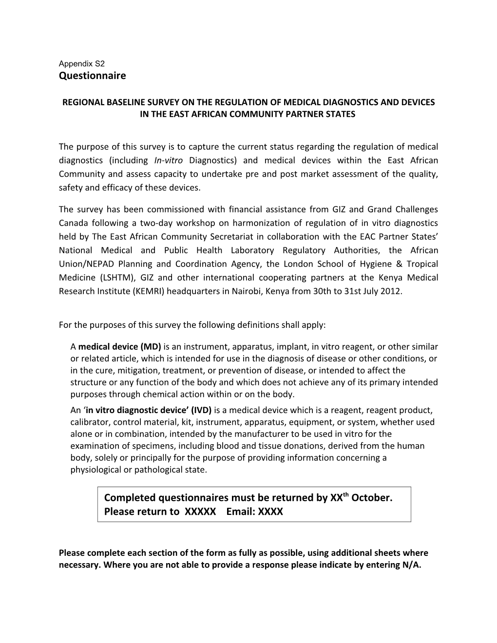 Regional Baseline Survey on the Regulation of Medical Diagnostics and Devices in the East