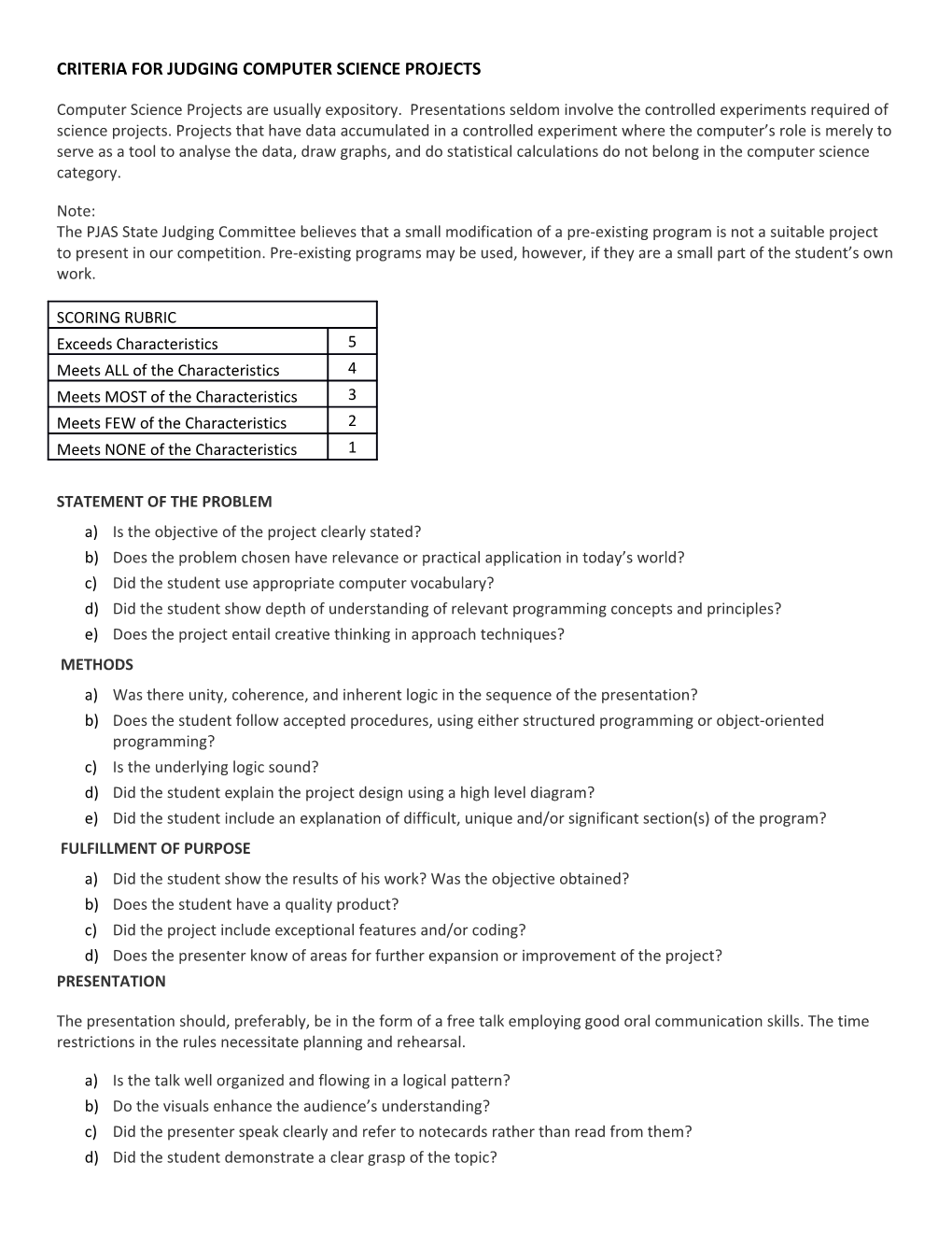 Criteria for Judging Computer Science Projects