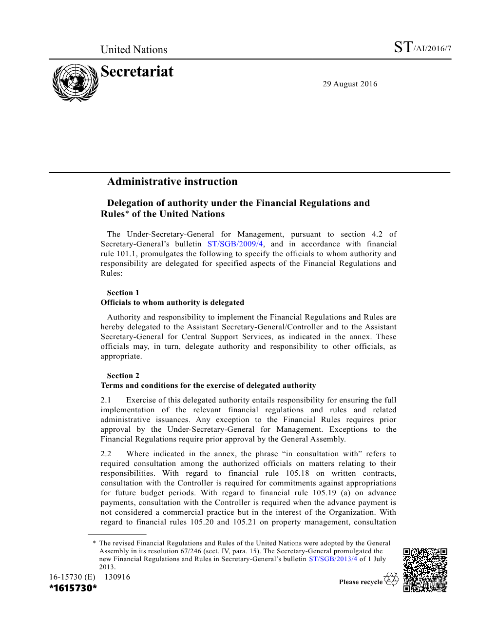 Delegation of Authority Under the Financial Regulations and Rules*Of the United Nations