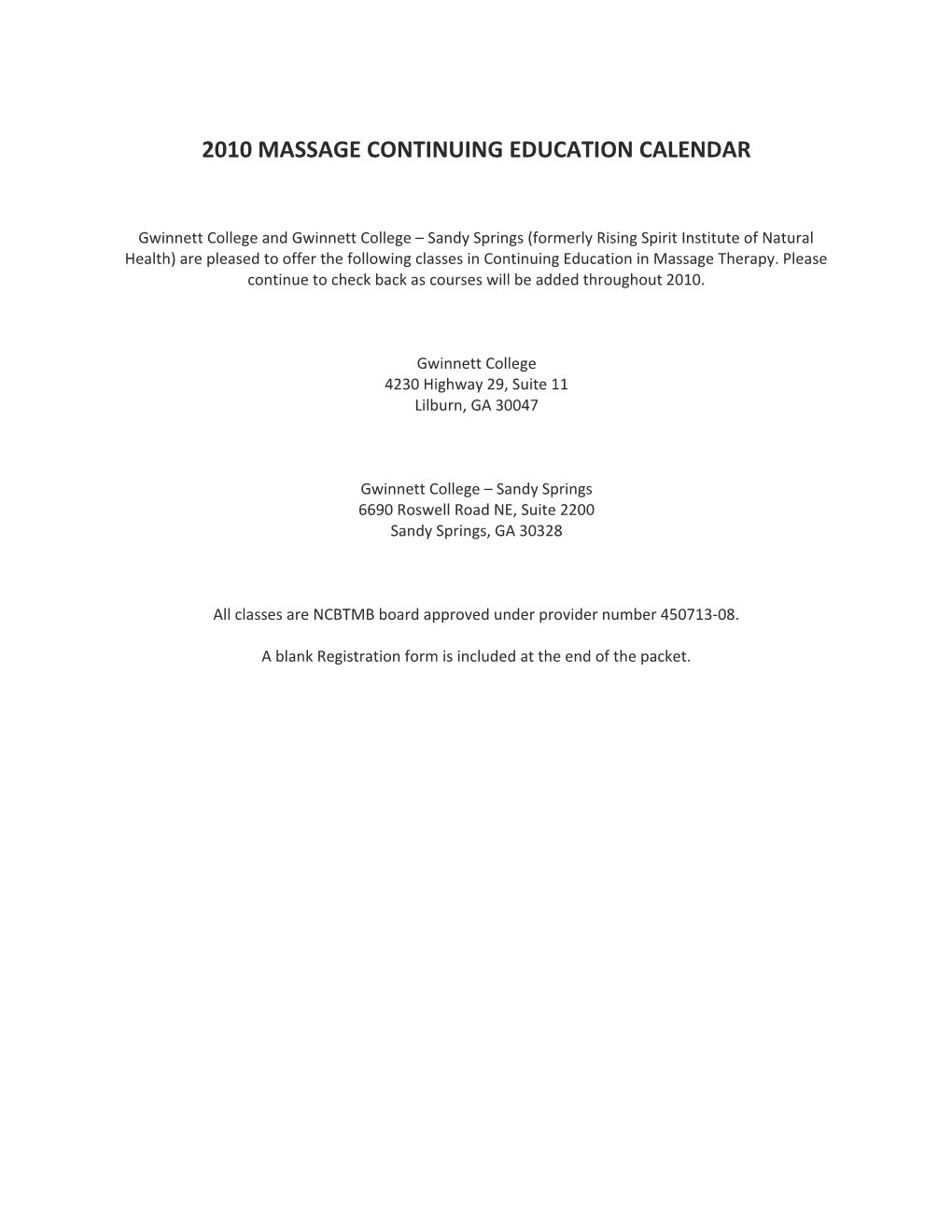 2010 Massage Continuing Education Calendar