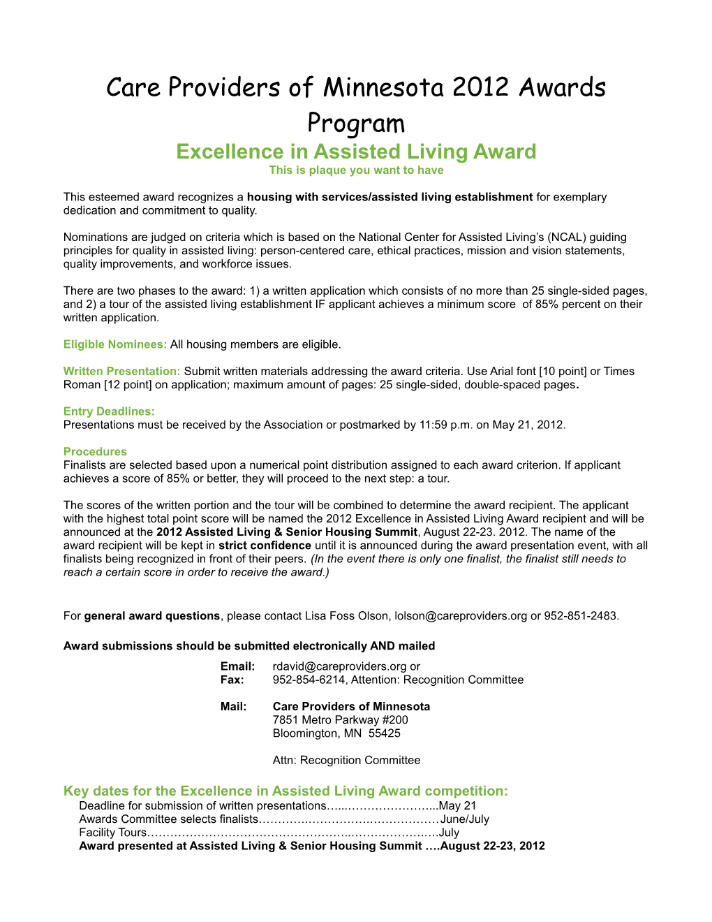 Care Providers of Minnesota 2012 Awards Program
