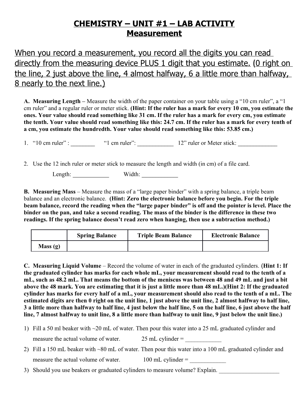 Chemistry Unit #1 Lab Activity