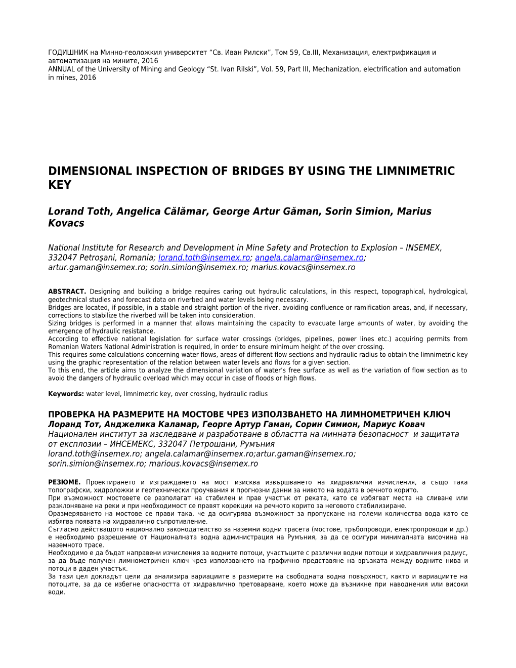 Dimensional Inspection of Bridges by Using the Limnimetric Key