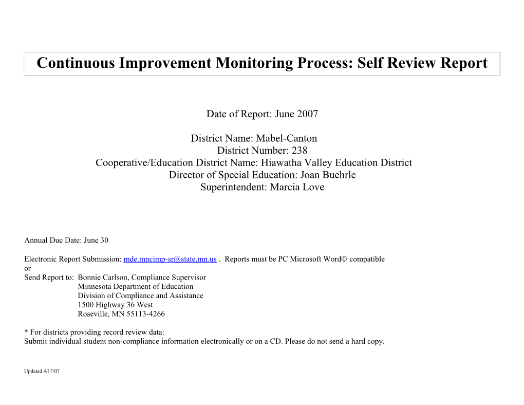 Continuous Improvement Monitoring Process: Self Review Report