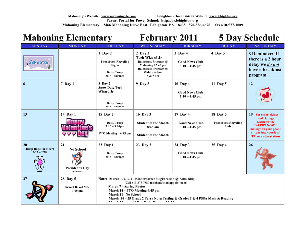 Mahoning Elementary April 2008 5 Day Schedule