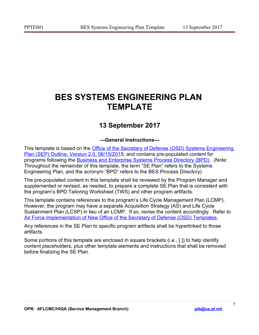 Bes Systems Engineering Plan