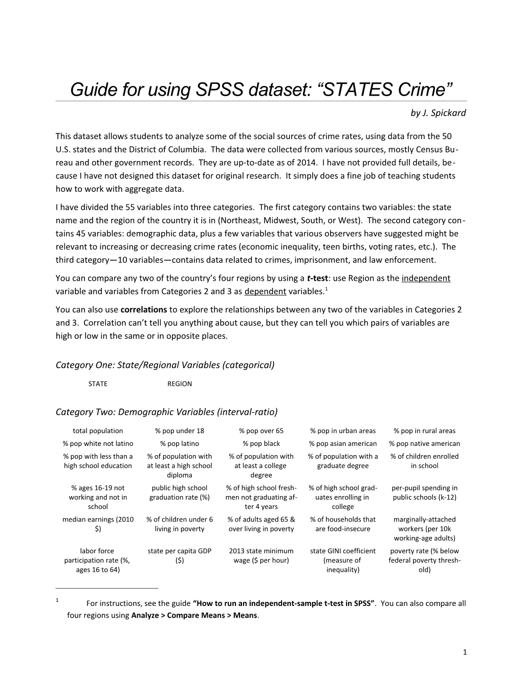 Guide for Using the SPSS Dataset STATES Crime