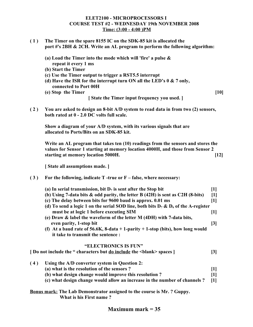 ( 1 ) the Timer on the Spare 8155 IC on the SDK-85 Kit Is Allocated The