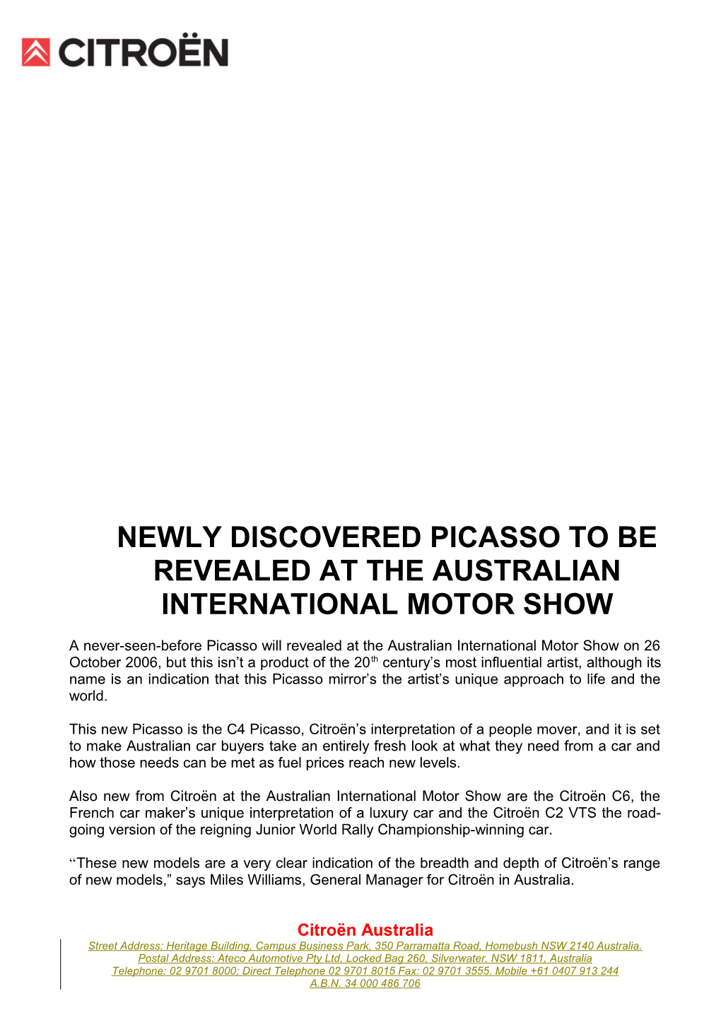 Newly Discovered Picasso to Be Revealed at the Australian International Motor Show