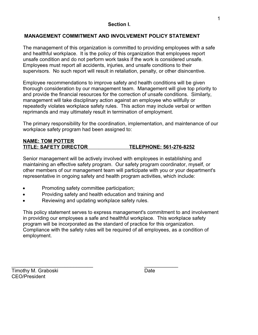 Management Commitment and Involvement Policy Statement