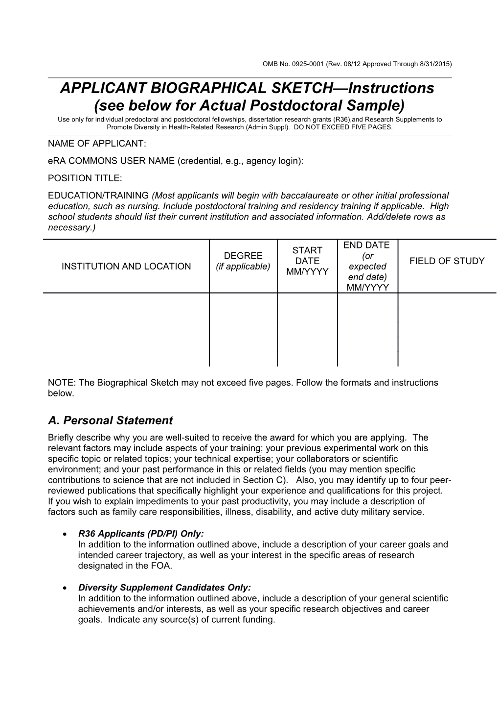 OMB No. 0925-0001 (Rev. 08/12), Biographical Sketch Format Page