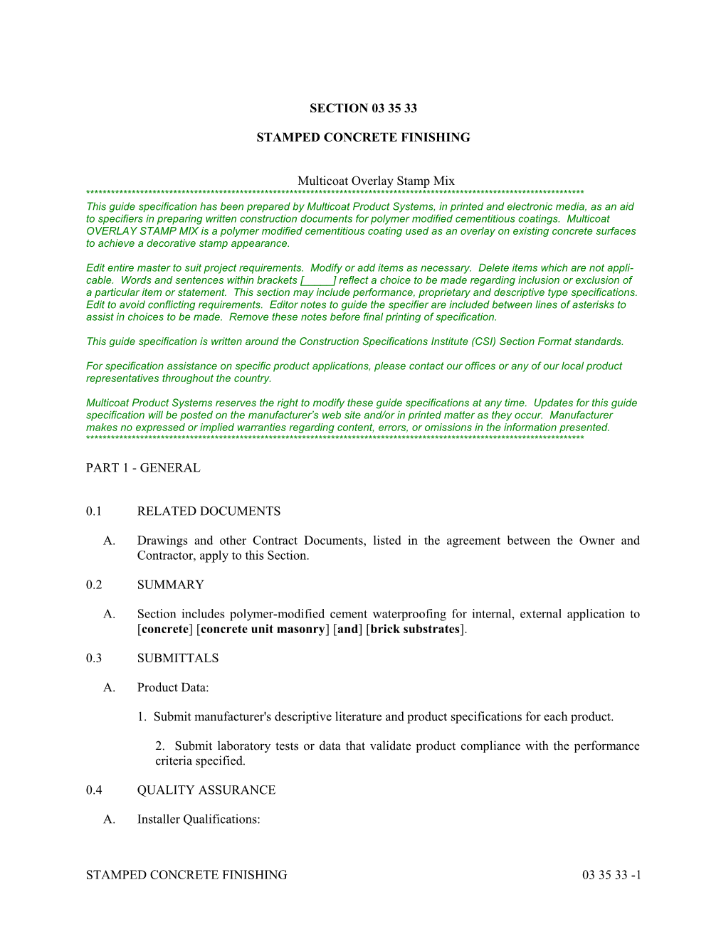 Section 071613 - Polymer Modified Cement Waterproofing