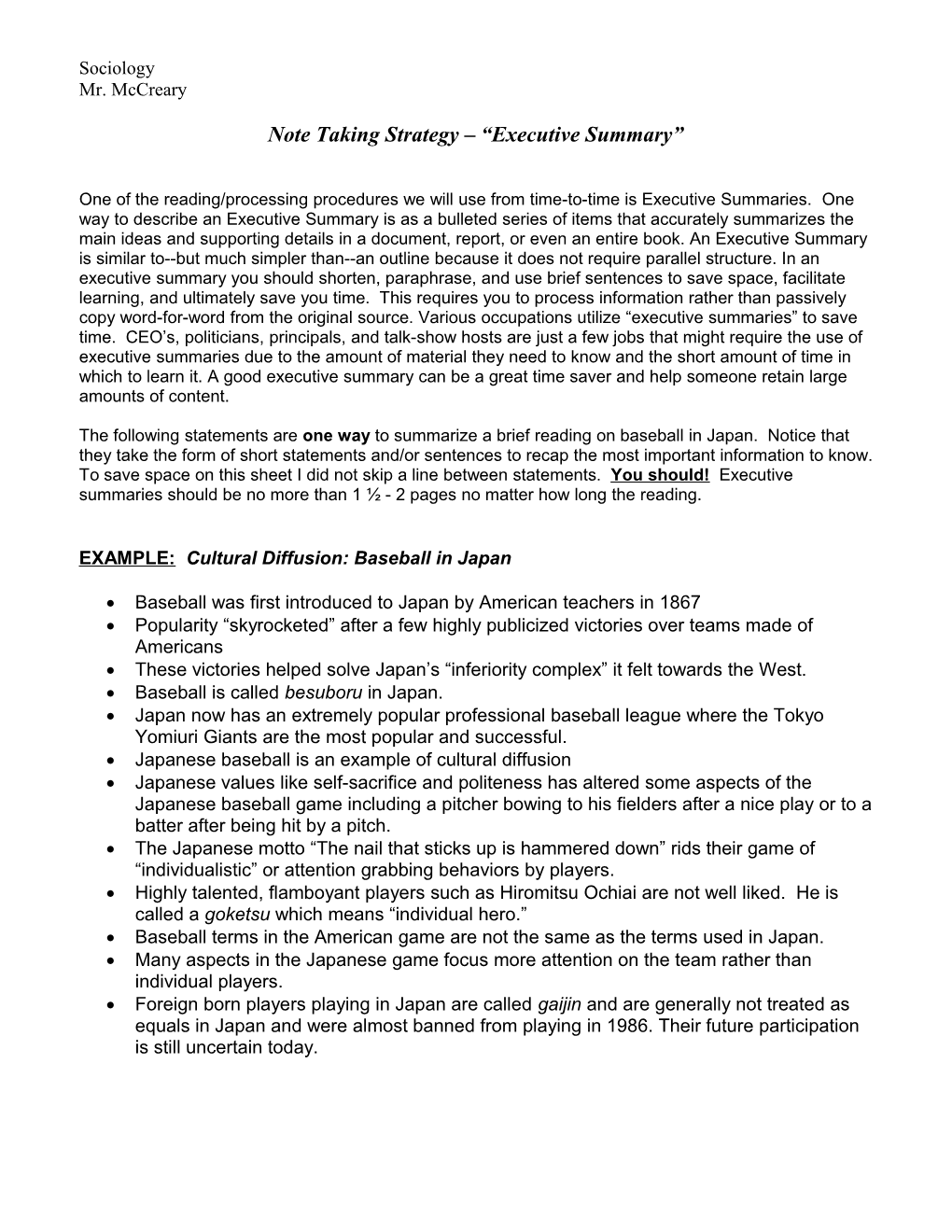 Note Taking Strategy Executive Summary