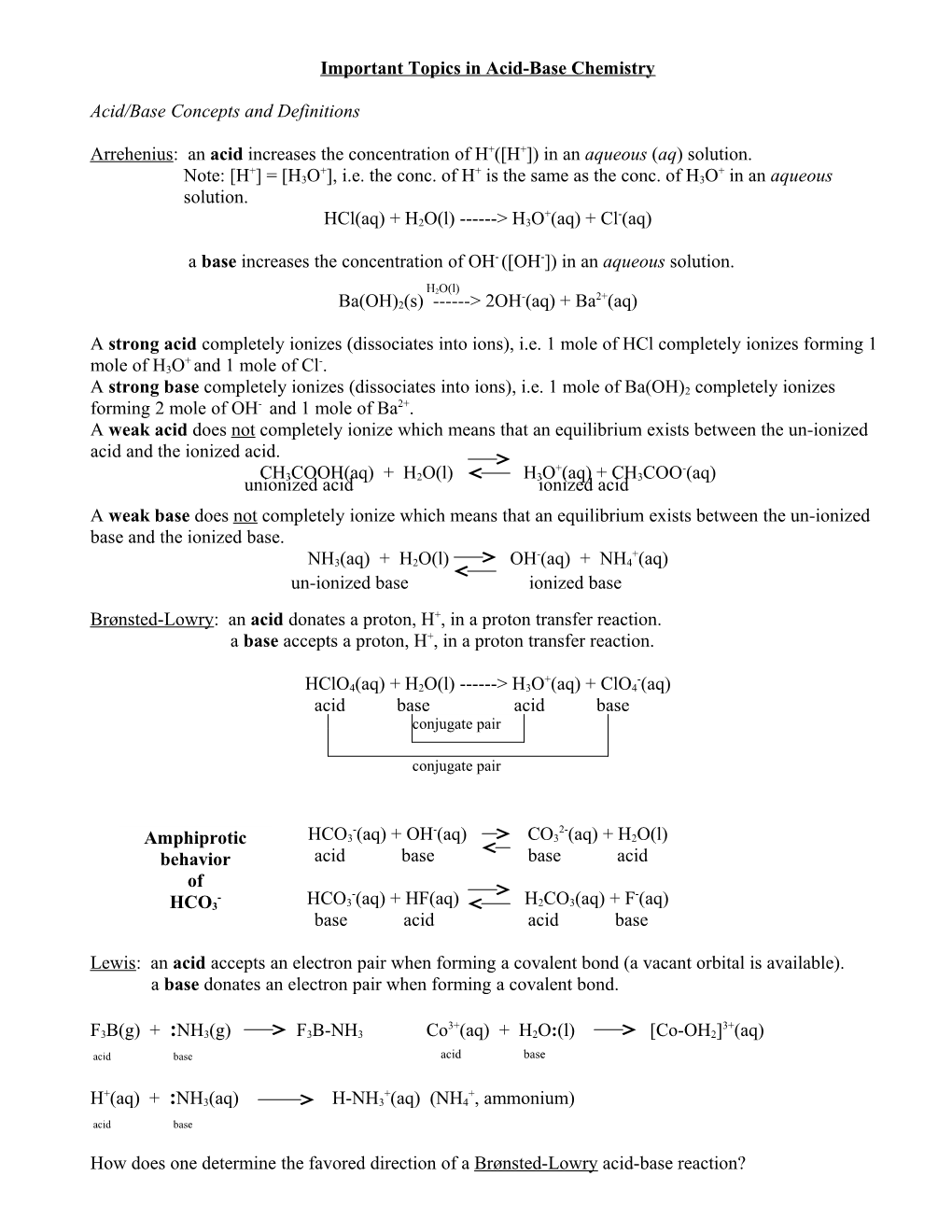 Chemistry 122, Important Topics in Ebbing-Chapter 15: Acids and Bases