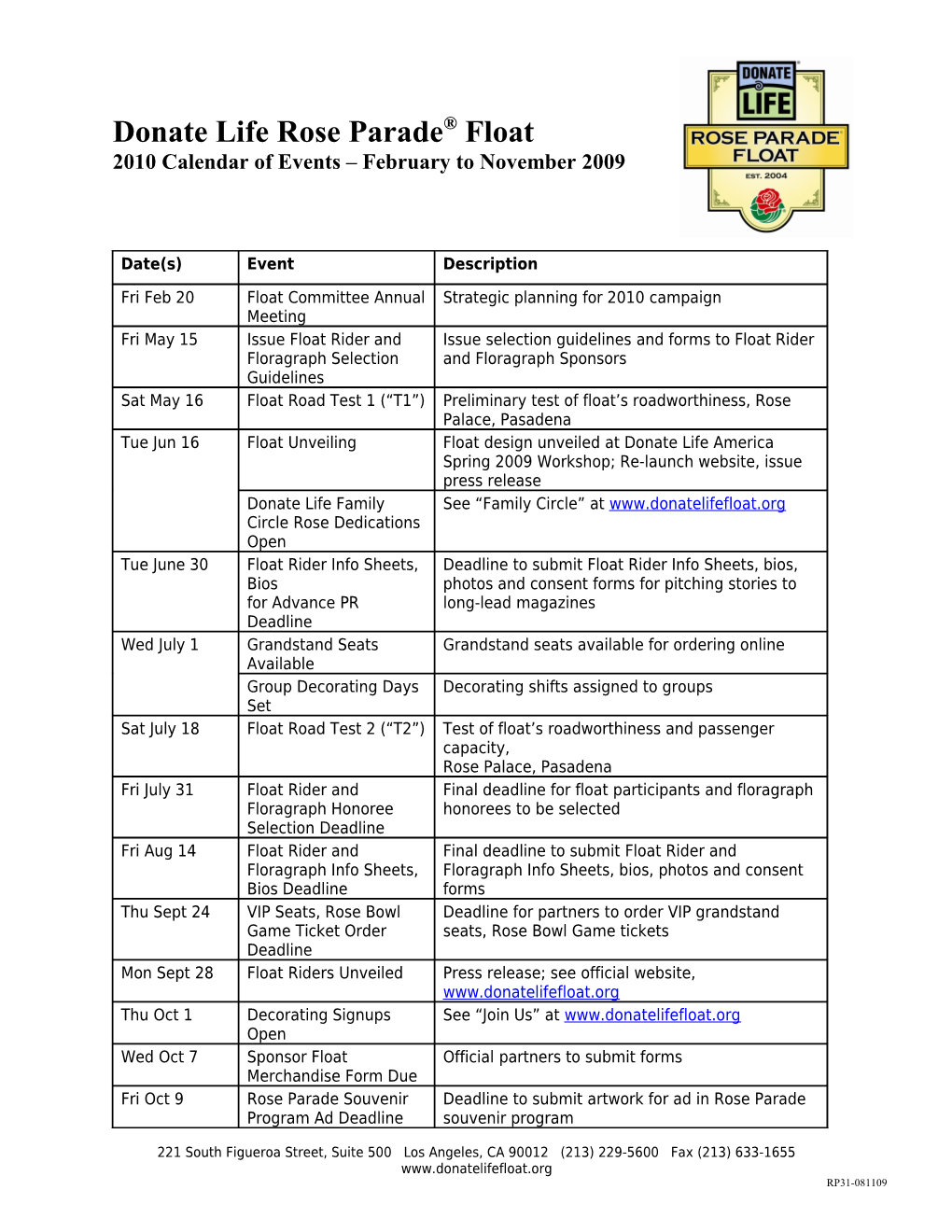 2010 Calendar of Events February to November 2009