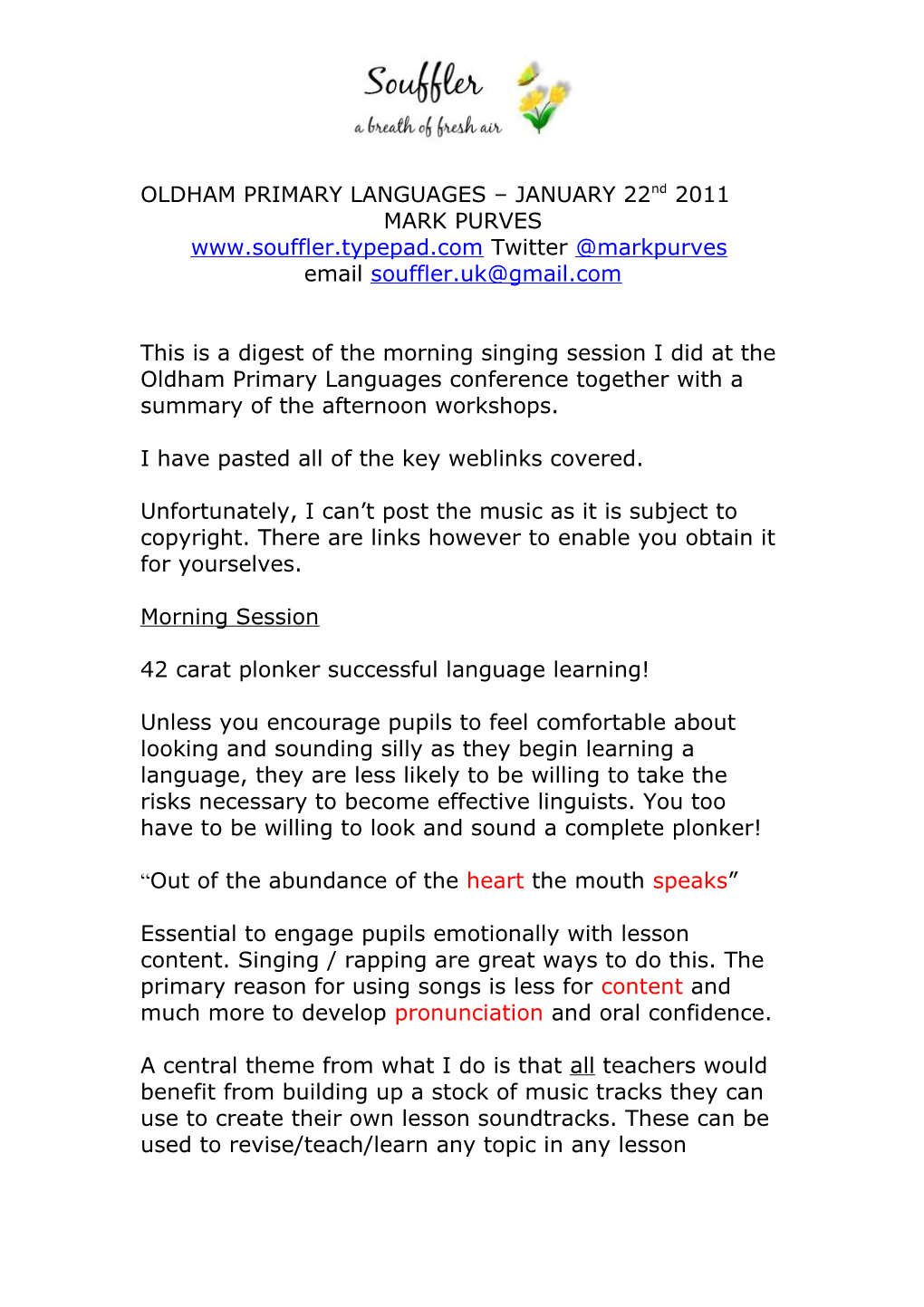 This Is a Brief Digest of the Morning Singing Session I Did at the Oldham Primary Languages