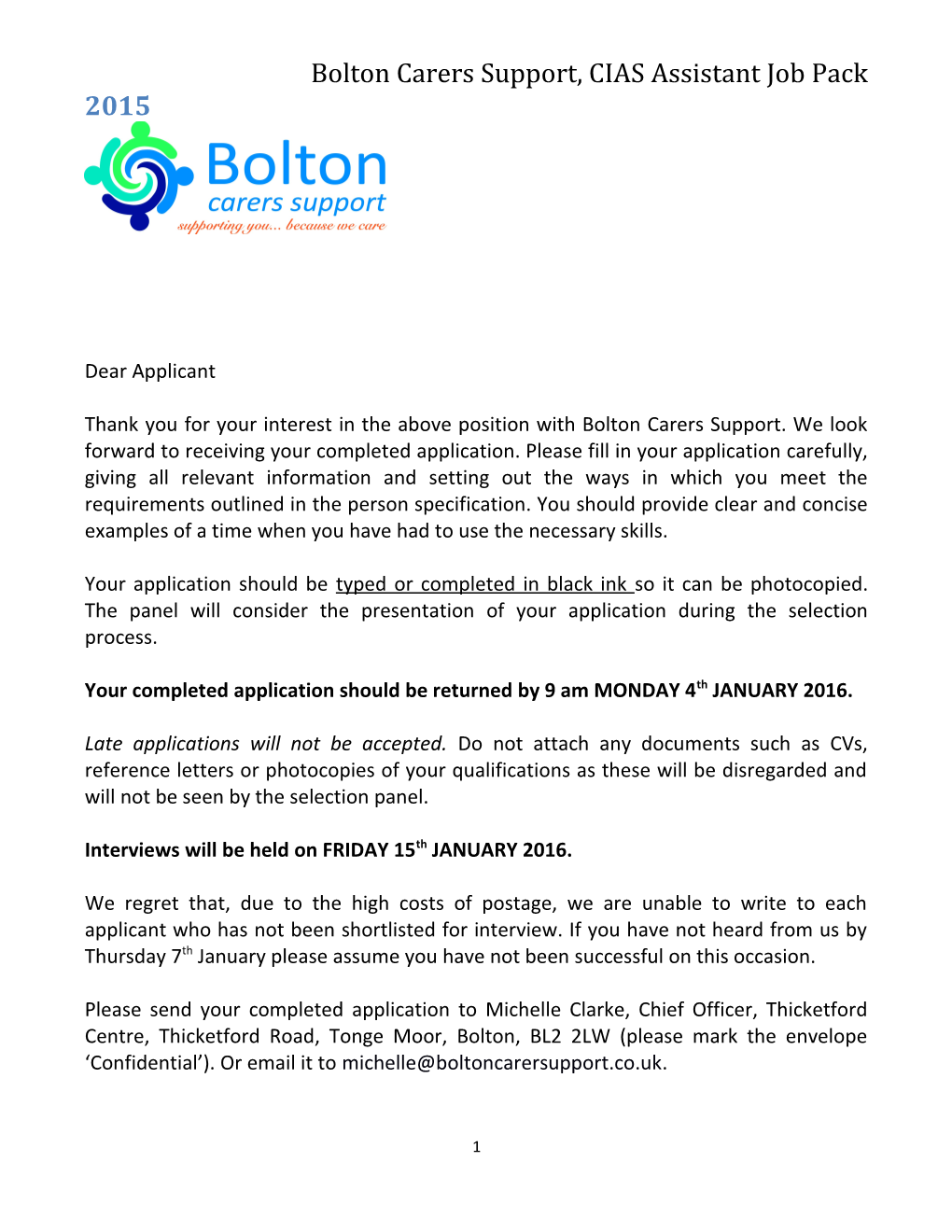 Bolton Carers Support, CIAS Assistant Job Pack