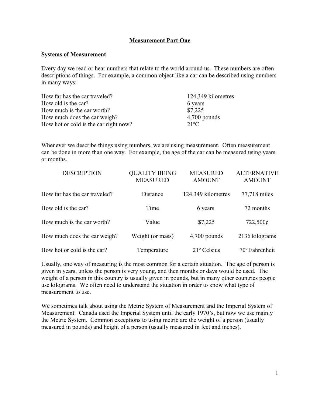 Measurement Part One