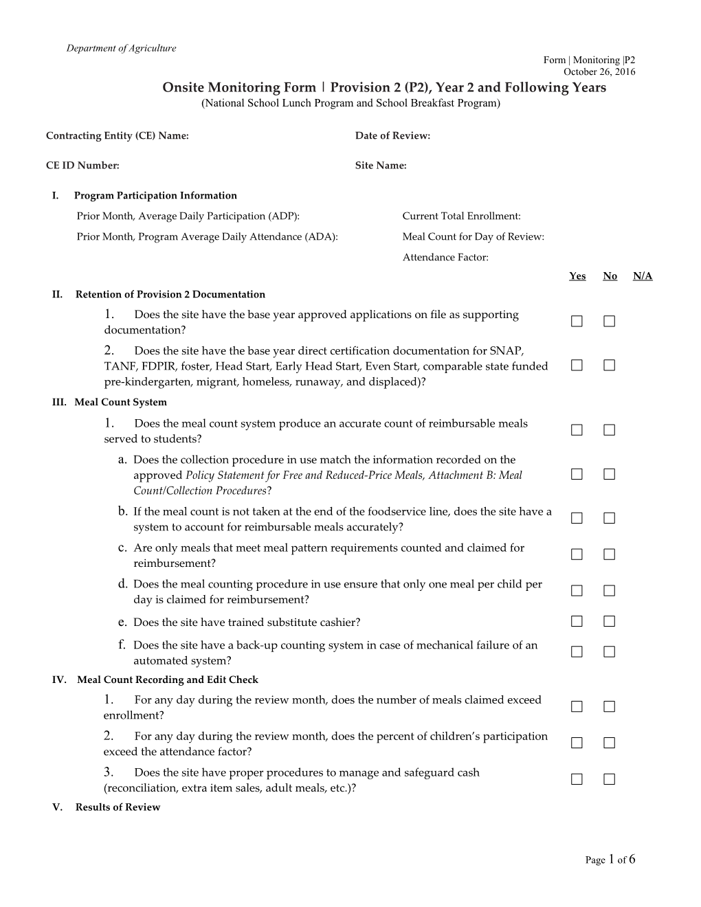 Onsite Monitoring Form Provision 2 (P2), Year 2 and Following Years