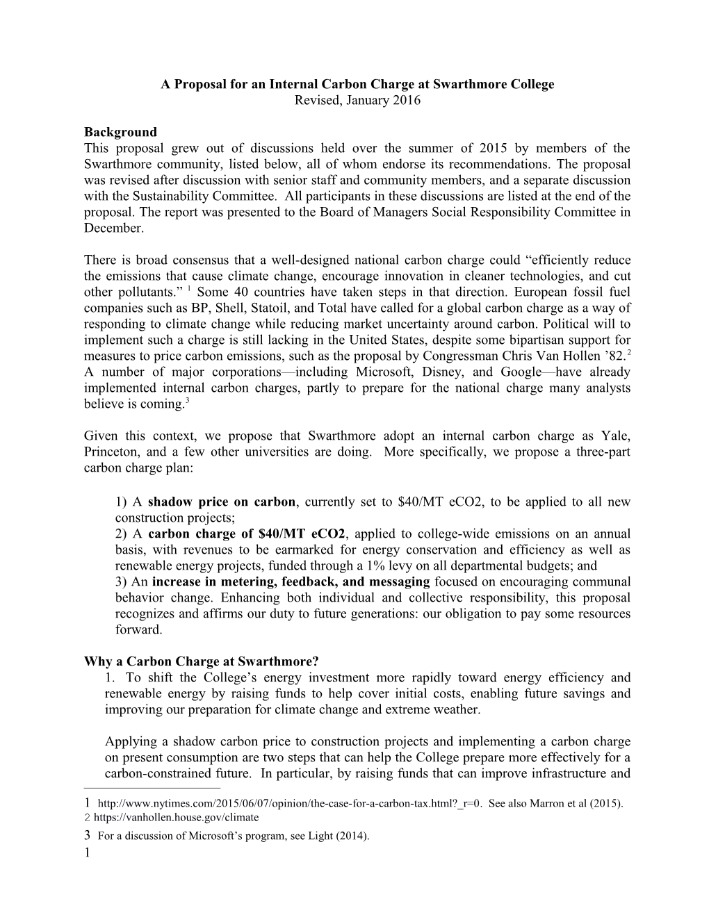 A Proposal for an Internal Carbon Charge at Swarthmore College