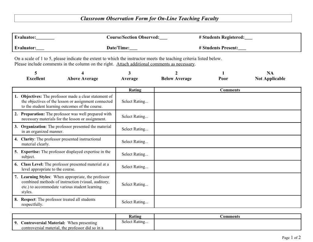 Classroom Observation Form for On-Line Teaching Faculty