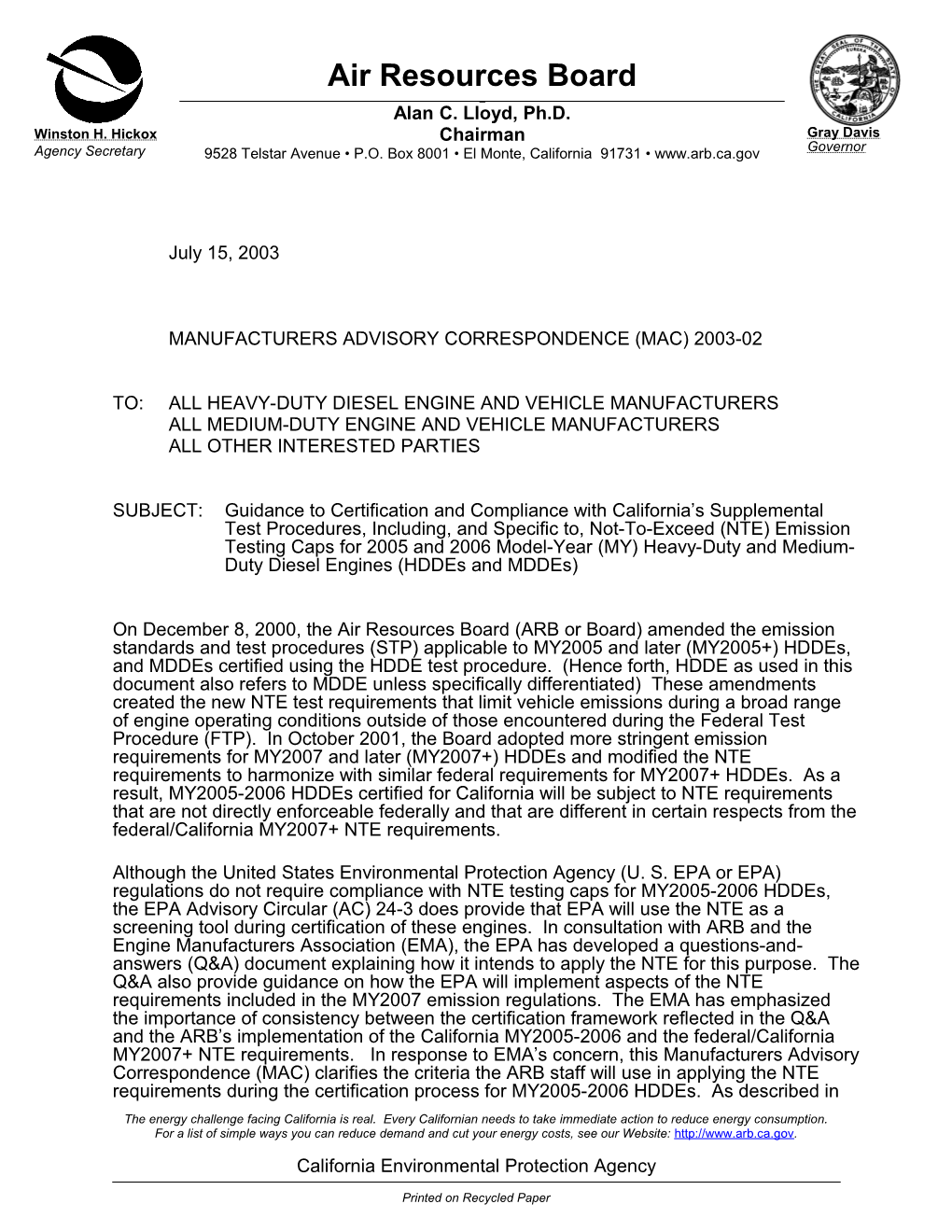 MS Manufacturers Advisory Correspondence-MAC 2003-02