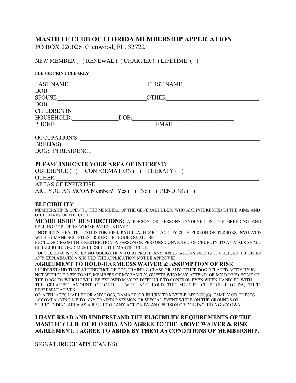 Mastifff Club of Florida Membership Application
