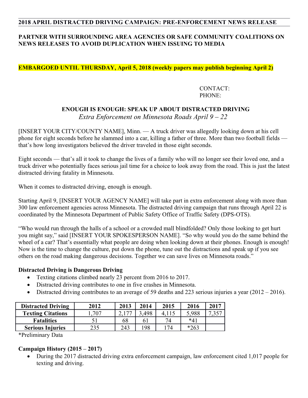 2018 April Distracted Driving Campaign: Pre-Enforcement News Release