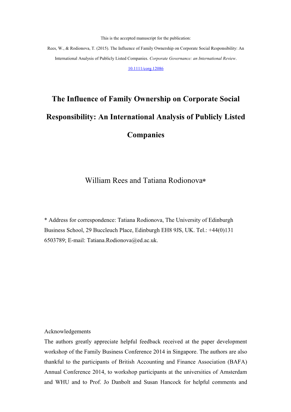 Problem Families: the Influence of Strategic Family Holdings on Environmental, Social And