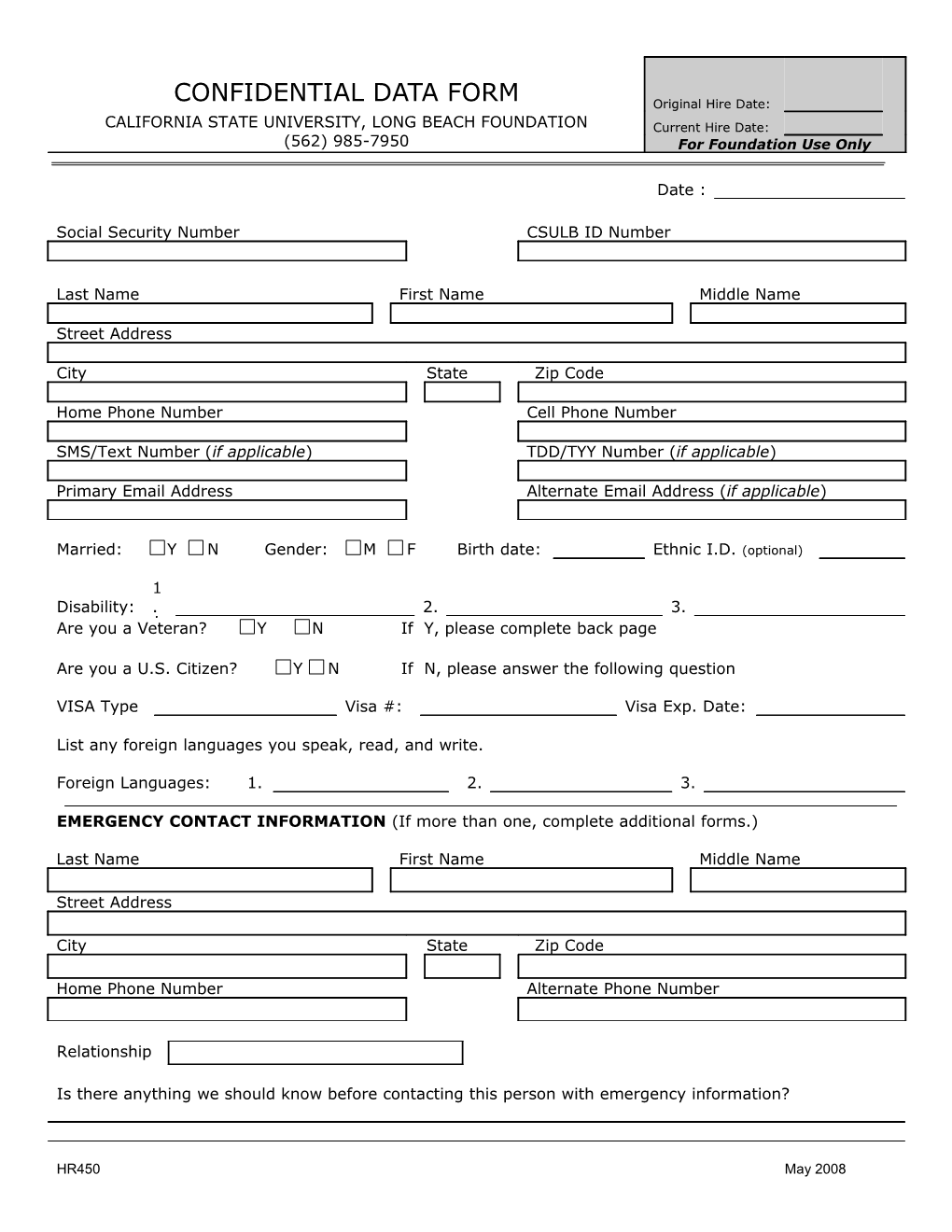 Confidential Data Form