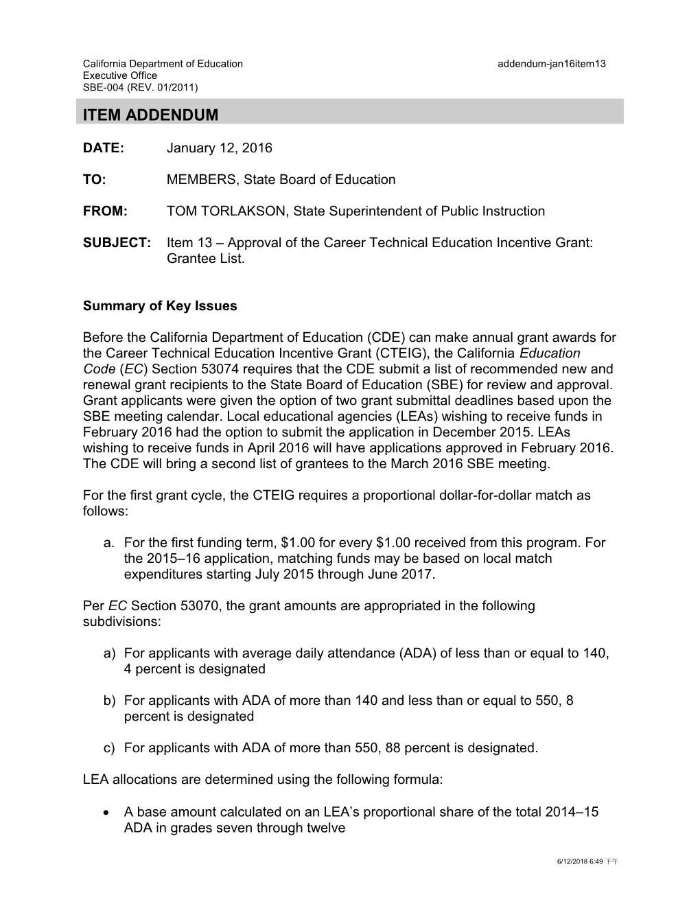 January 2016 Agenda Item 13 Addendum - Meeting Agendas (CA State Board of Education)