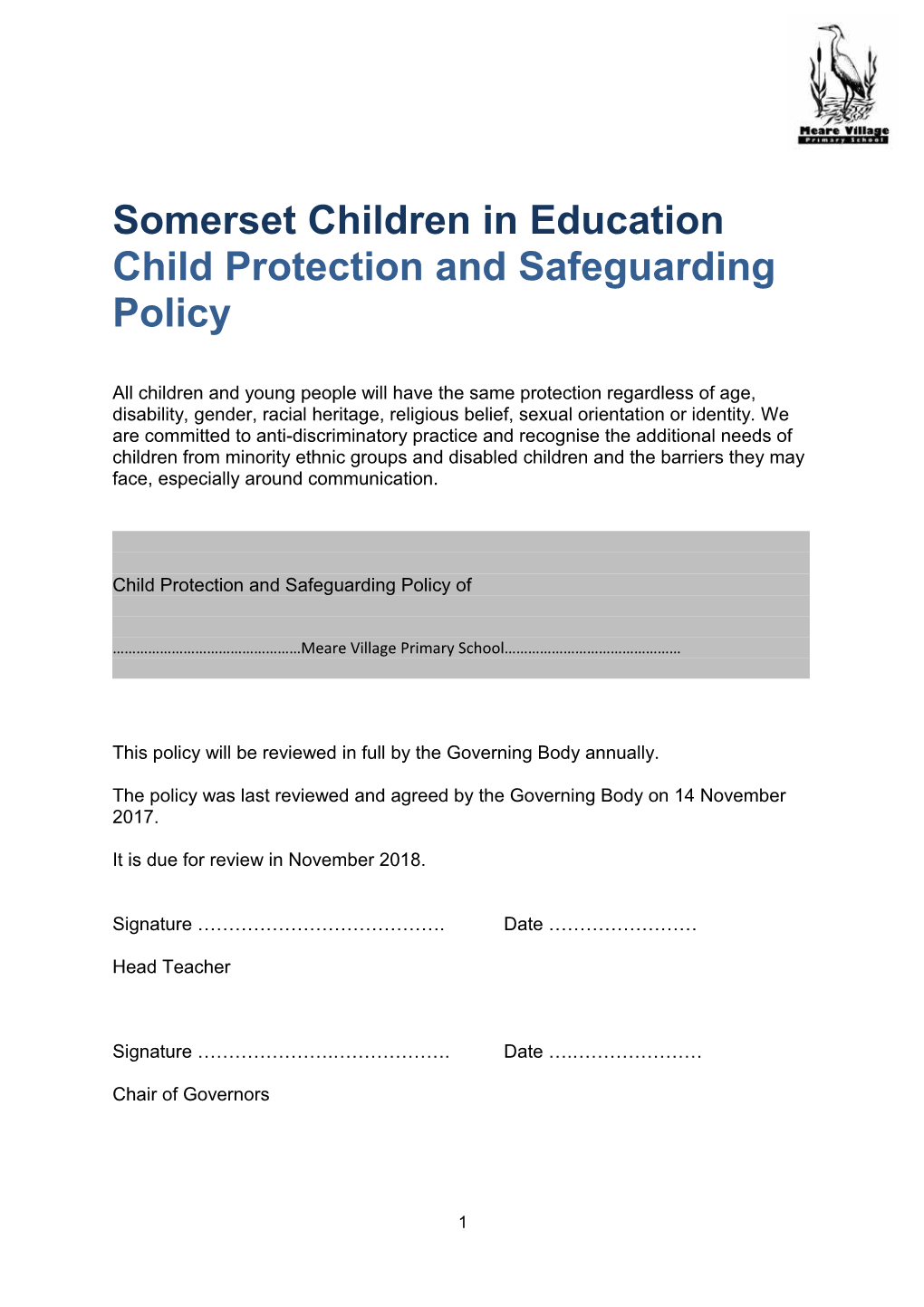 Somerset Children in Education Child Protection and Safeguarding Policy