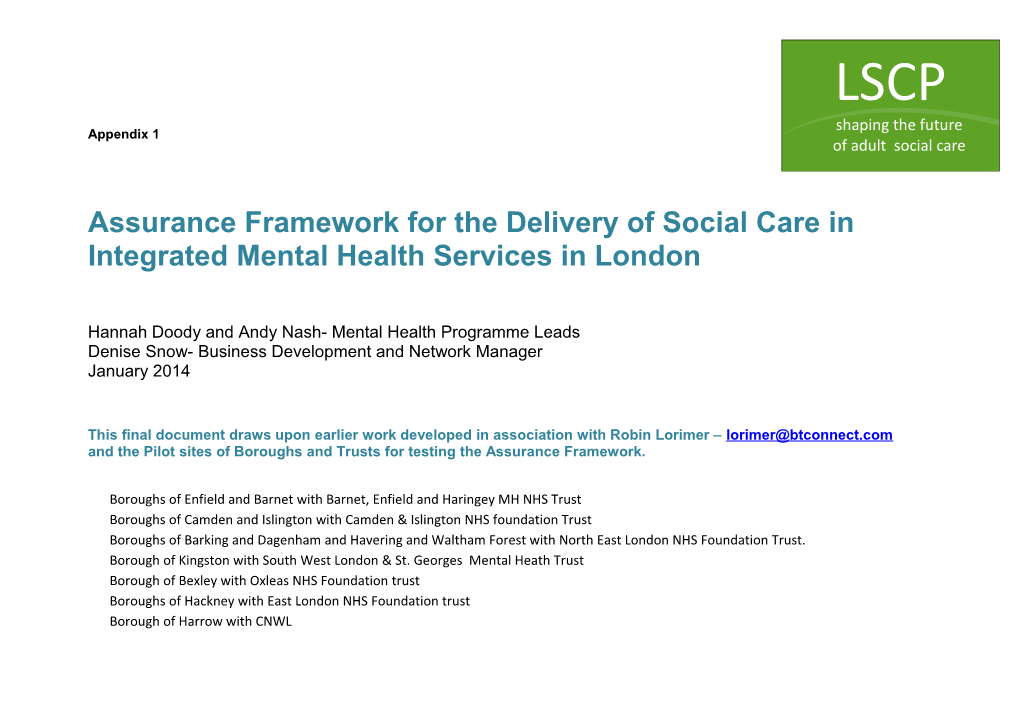 Draft Assurance Framework for the Delivery of Social Care in Integrated Mental Health Services