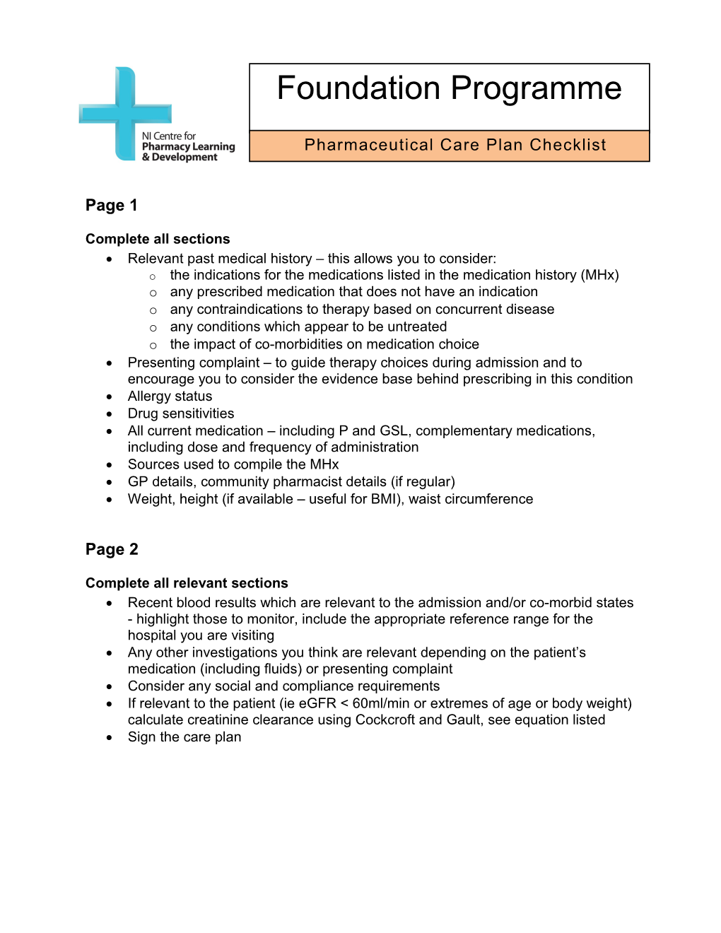 Pharmaceutical Care Plan Criteria Based Checklist
