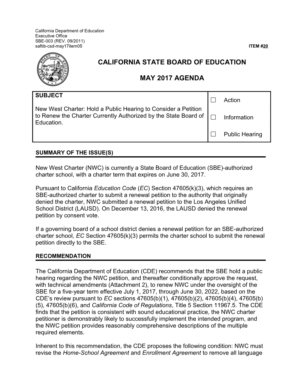 May 2017 Agenda Item 20 - Meeting Agendas (CA State Board of Education)