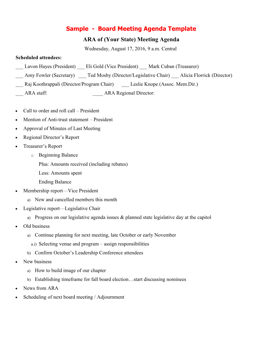 ARA of Oregon Board Meeting Agenda