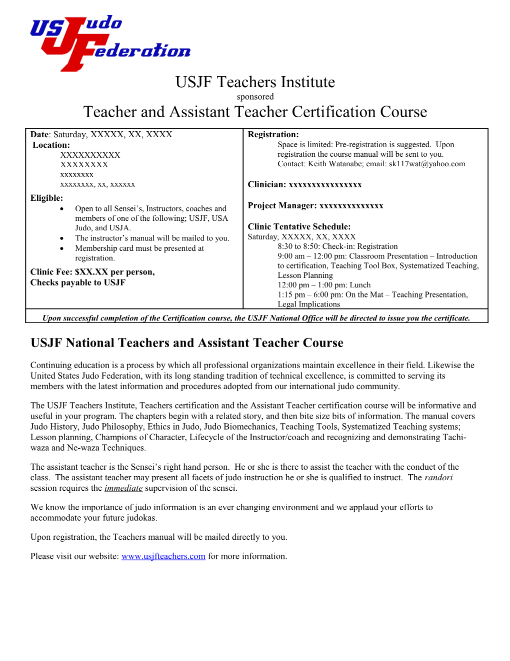 USJF National Teachers and Assistant Teacher Course