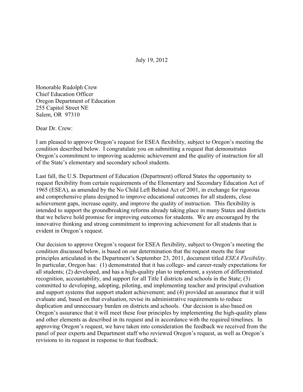Oregon: ESEA Flexibility Requests, Secretary's Approval Letter July 19, 2012 (MS Word)