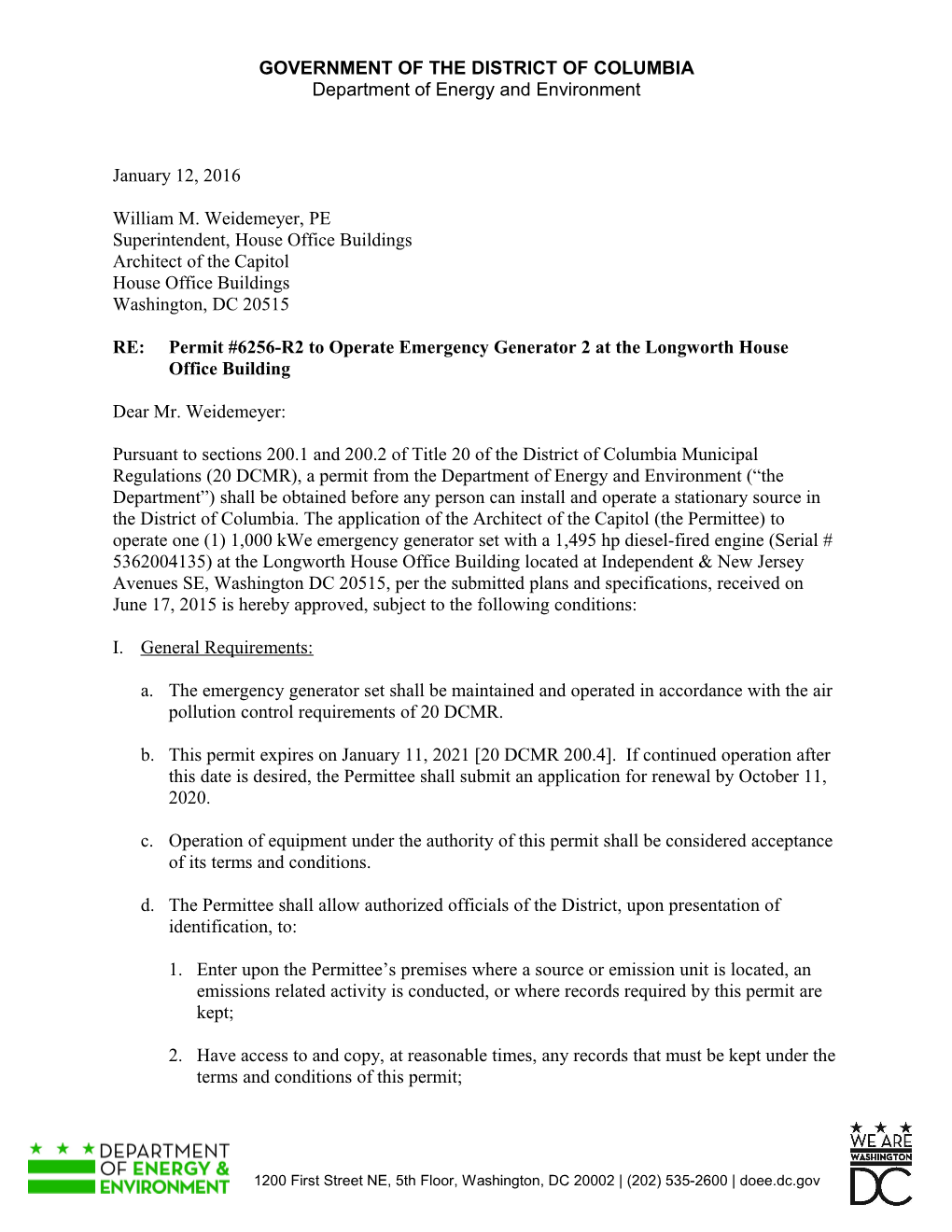 Permit #6256-R2 to Operate Emergency Generator2 at the Longworthhouse Office Building
