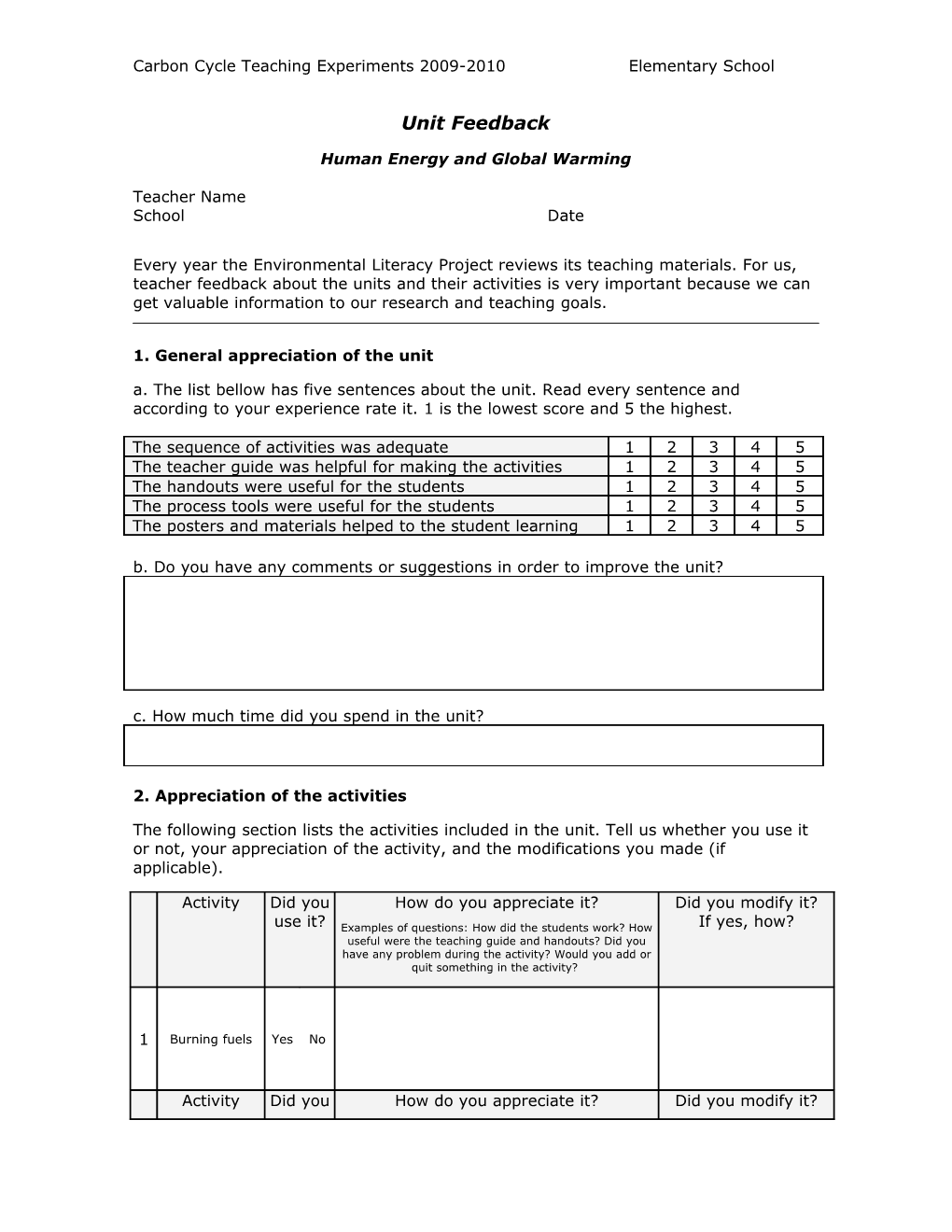 Carbon Cycle Teaching Experiments 2009-2010 Elementary School