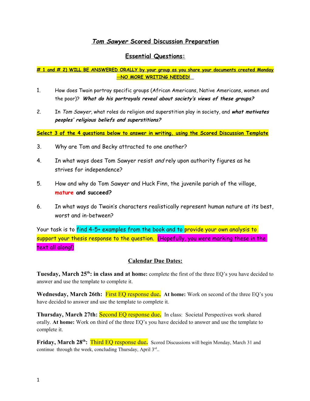 Tom Sawyer Scored Discussion Preparation