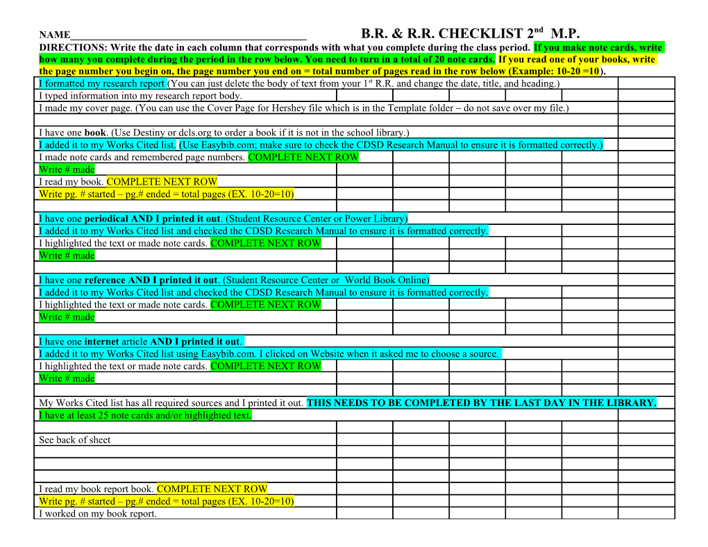 DIRECTIONS: Write the Date in Each Column That Corresponds with What You Complete During