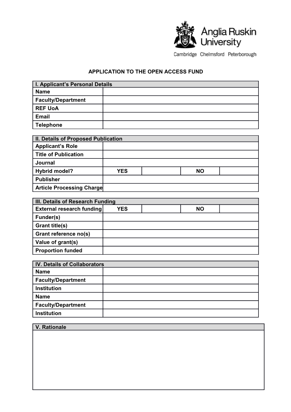 Application to the Open Access Fund