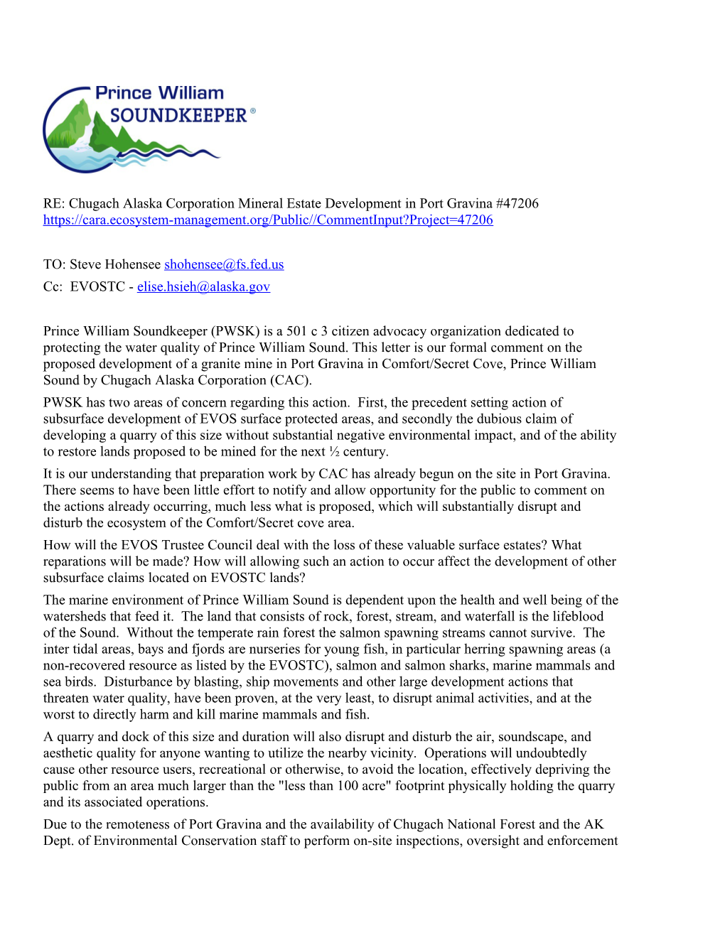 RE: Chugach Alaska Corporation Mineral Estate Development in Port Gravina #47206