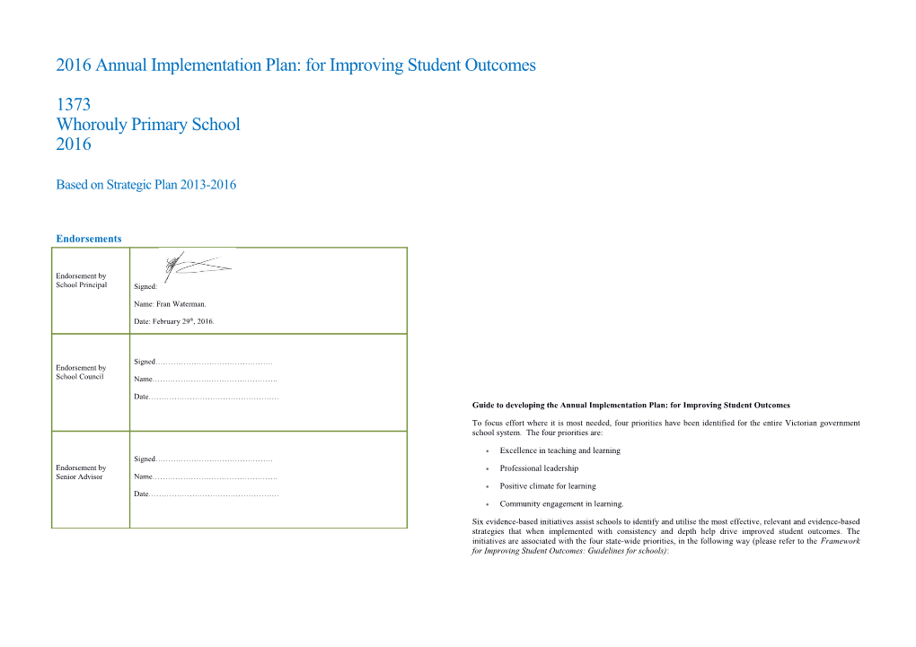 2016 School Annual Implementation Plan Template