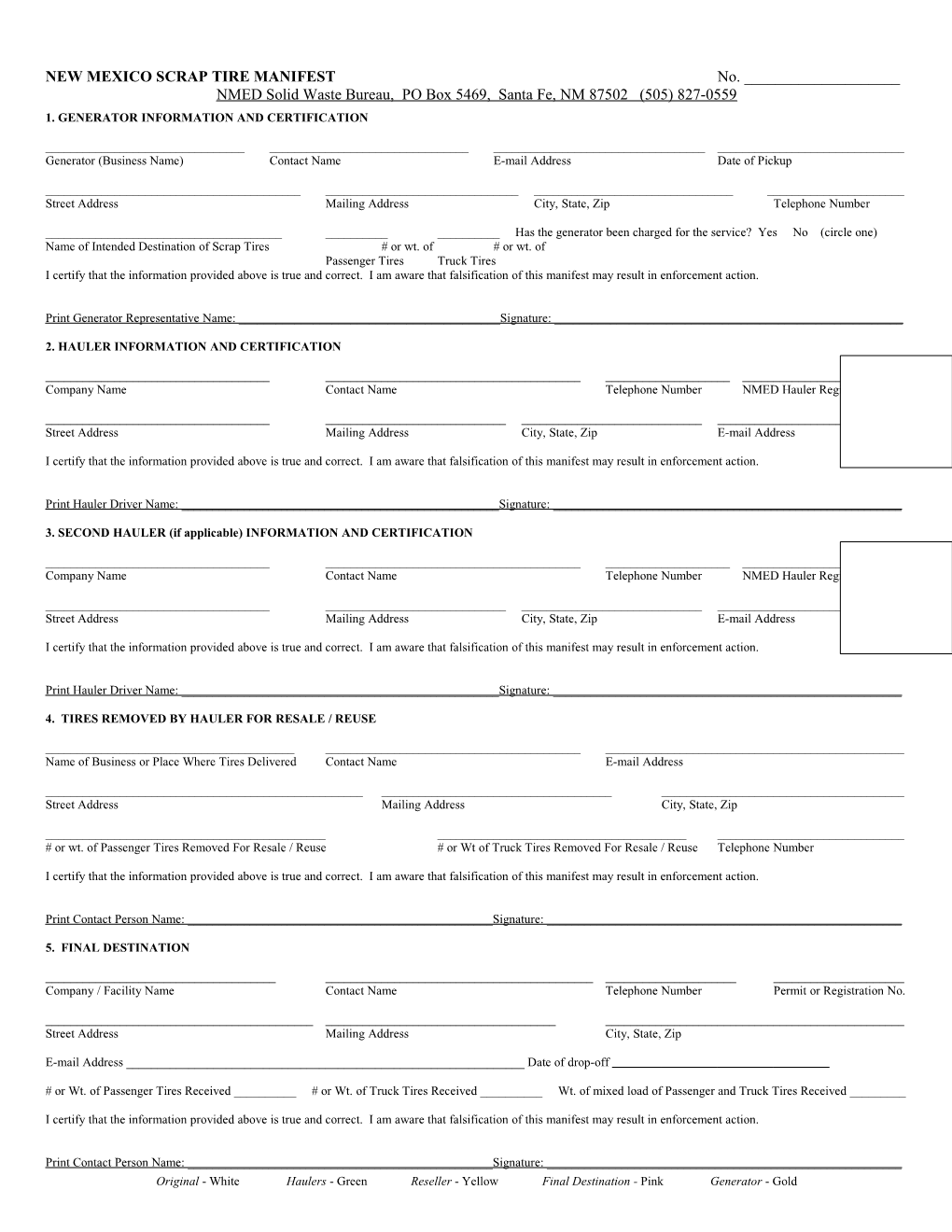 New Mexico Scrap Tire Manifest