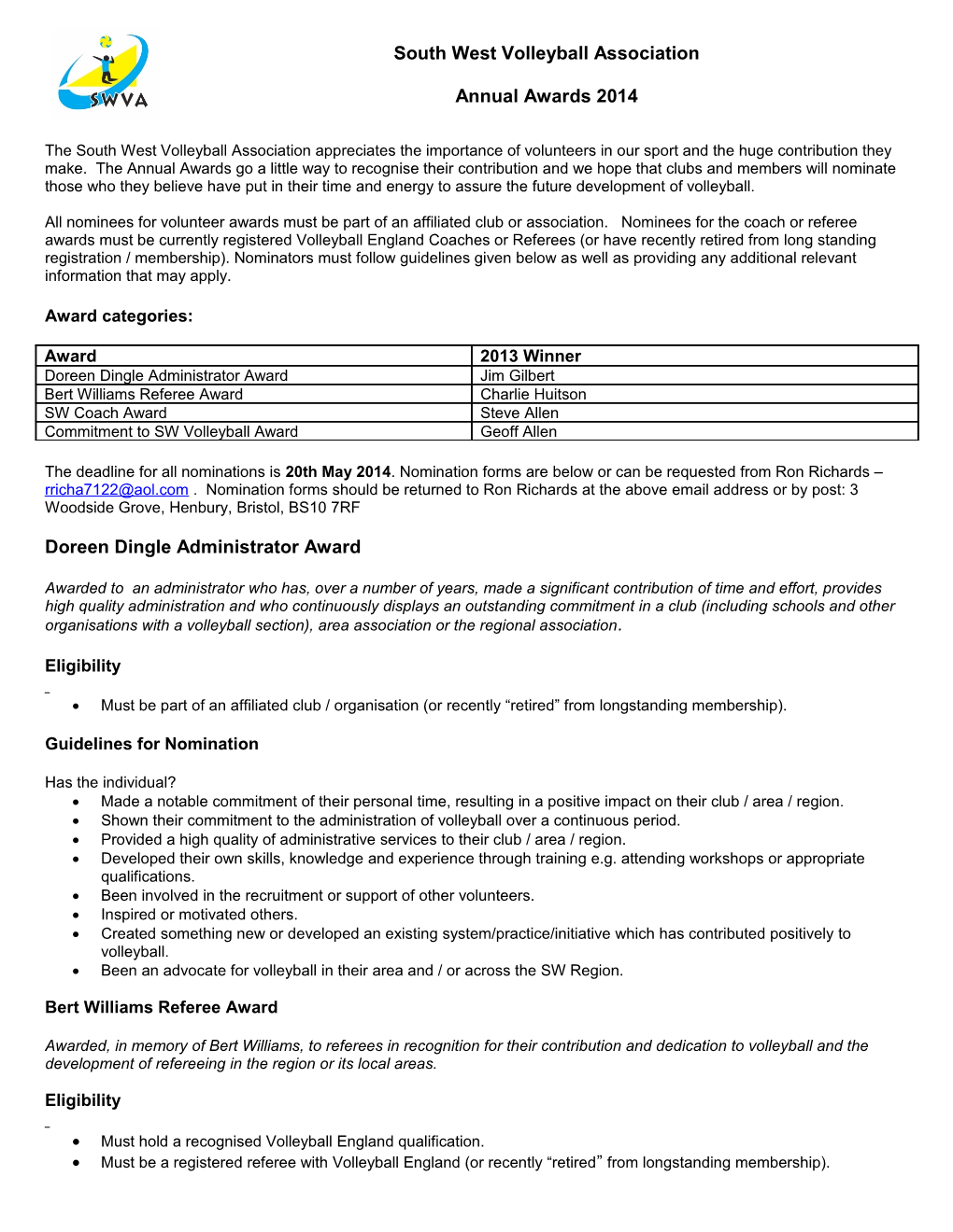 Volleyball England Award Categories 2007